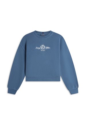Blå genser med rund hals og lange ermer, med hvit "Tommy Hilfiger Social Club Los Angeles"-logo midt på brystet, ribbestrikkede mansjetter og kant.