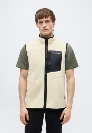 Ung mand iført en cremefarvet fleecevest med sort lynlås og brystlomme over en grøn kortærmet skjorte, stående mod en ensfarvet baggrund.