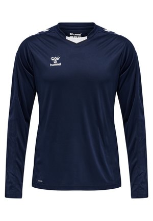Blå langærmet sports t-shirt lavet af fugtabsorberende stof. Har en V-hals, logo på brystet og hvide detaljer på skuldrene.