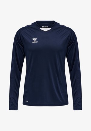 Blauw sportshirt met lange mouwen van vochtregulerende stof. Heeft een V-hals, logo op de borst en witte accenten op de schouders.