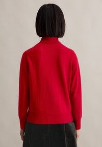 Roter Rollkragenpullover aus weichem Strickmaterial, mit einem gerippten Kragen und Bündchen, von hinten mit einem schlichten Design präsentiert.