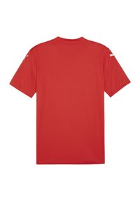 T-shirt rossa a maniche corte con collo rotondo. Texture morbida, con un logo bianco sulla spalla sinistra. Senza stampe o dettagli aggiuntivi.