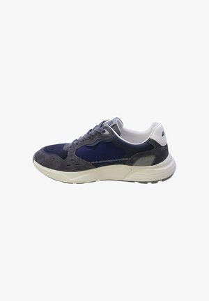 Sneaker da uomo low-top in blu navy e grigio con collo tallone bianco e suola crema, vista dal lato esterno.