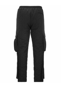 Quilted schwarze Cargo-Hosen mit einem elastischen Bund, seitlichen Taschen und aufgesetzten Taschen im Cargo-Stil an den Oberschenkeln. Strukturierter Stoff mit sichtbaren Nähten.