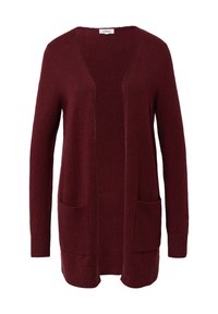 Cardigan à manches longues à ouverture devant en tricot bordeaux avec deux poches avant et des poignets et un ourlet côtelés, sans boutons ni fermetures.