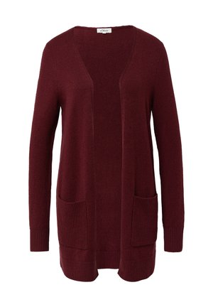 Langarm-Cardigan in Burgundy mit offener Vorderseite, aus Strick, mit zwei Fronttaschen und gerippten Bündchen und Saum, ohne Knöpfe oder Verschlüsse.