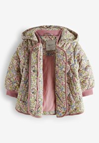Veste matelassée à motif floral avec doublure et bordure roses, dotée d'une capuche, de boutons-pression et d'un motif coloré de fleurs et de feuilles.