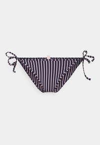 Parte de baixo de bikini listrada em azul-marinho e rosa com laços de ambos os lados, feita de tecido leve e suave, apresentando um design de cintura baixa.