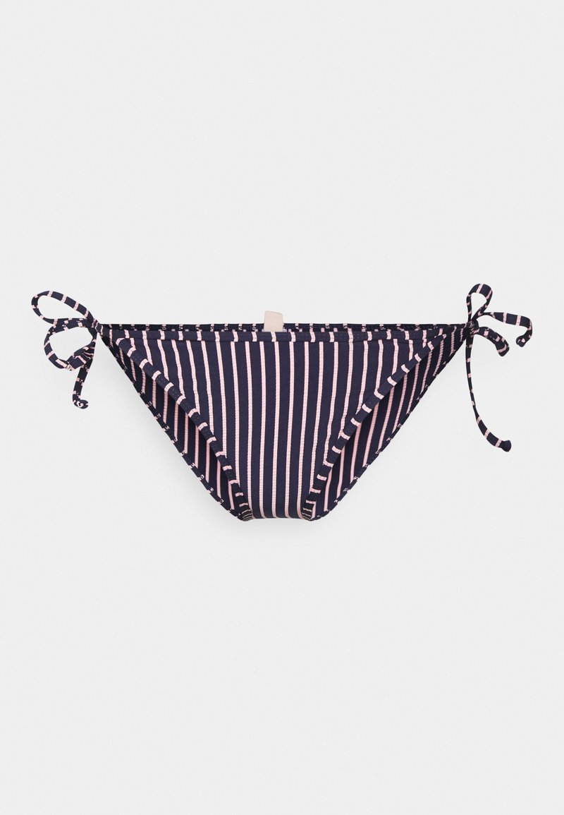 Parte de baixo de bikini listrada em azul-marinho e rosa com laços de ambos os lados, feita de tecido leve e suave, apresentando um design de cintura baixa.