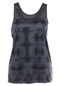 Ärmlös svart och mörkgrå tie-dye linne med genomskinlig mesh på övre bröstet och axelremmar.