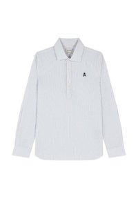 Lichtblauwe lange mouwen polo met witte strepen, drie knopen, puntige kraag en een klein zwart schedel embleem op de linkerborst.