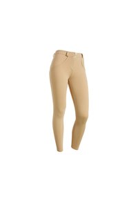Leggings beige realizzati in un materiale liscio e elasticizzato. Presentano una vita con due bottoni e tasche frontali. Design aderente con una silhouette elegante.