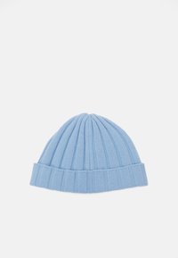 Light blue knitted beanie with a ribbed texture, featuring a folded cuff. The shape is rounded at the top, tapering toward the crown.