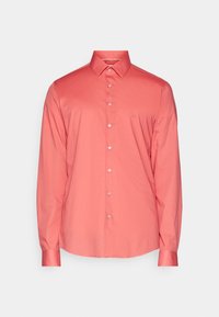 Coral long-sleeve shirt with a button-down collar, featuring a smooth texture and a small embroidered logo on the left chest.