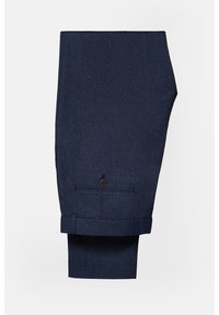 Granatowe spodnie w teksturowany wzór kraty, z pojedynczym guzikiem w tylnej kieszeni i mankietami.