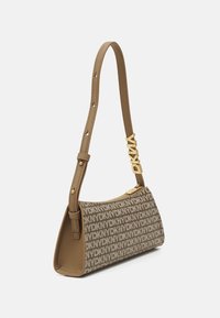 Brown handbag with DKNY logo pattern. Features a gold metal zip and logo detail, smooth leather strap, and structured design.