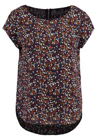 Blusa floreale a maniche corte di un blu navy scuro, con un motivo di fiori multicolore. Orlo arrotondato con un sottile dettaglio della cerniera sul retro. Tessuto morbido.