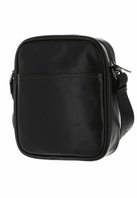 Borsa a tracolla nera in pelle con forma rettangolare, texture liscia, chiusura a zip e tasca esterna con cuciture a contrasto.