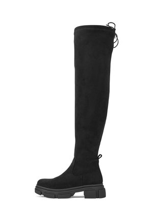 Botas negras de ante hasta la rodilla con acabado texturizado, suela de goma resistente y lengüeta trasera para facilitar su colocación.