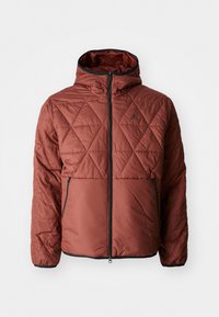 Red quilted jacket with a hood, featuring a front zipper and two side pockets. Black accents along the zipper and hem.