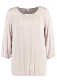 Helles rosa Blusenshirt mit Dreiviertelärmeln, Rundhalsausschnitt, plissiertem Vorderteil und elastischem Saum. Weicher, leichter Stoff.
