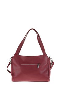 Borsa a tracolla in pelle rossa con una tasca anteriore con zip, ampio scomparto principale, doppi manici e tracolla rimovibile.