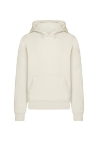 Beige pullover hoodie with front kangaroo pocket, drawstring hood, and ribbed cuffs and hem, displayed on a white background.