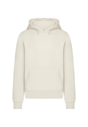 Beiger Pullover-Hoodie mit vorderer Kängurutasche, Kapuze mit Kordelzug sowie gerippten Bündchen und Saum, auf einem weißen Hintergrund präsentiert.