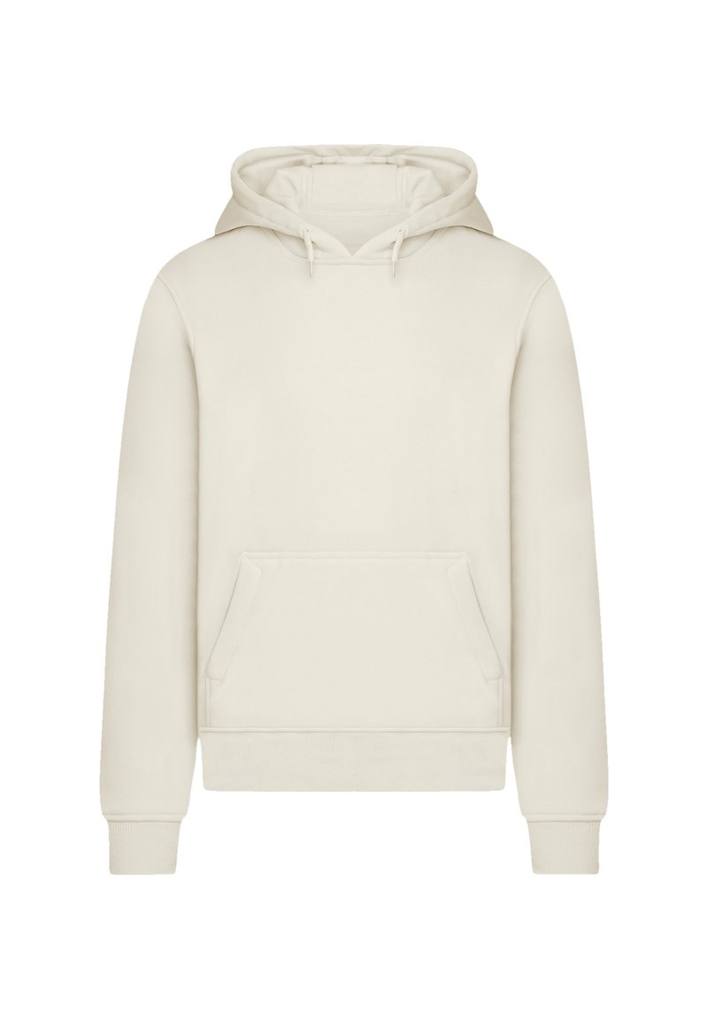 Beige pullover hoodie with front kangaroo pocket, drawstring hood, and ribbed cuffs and hem, displayed on a white background.