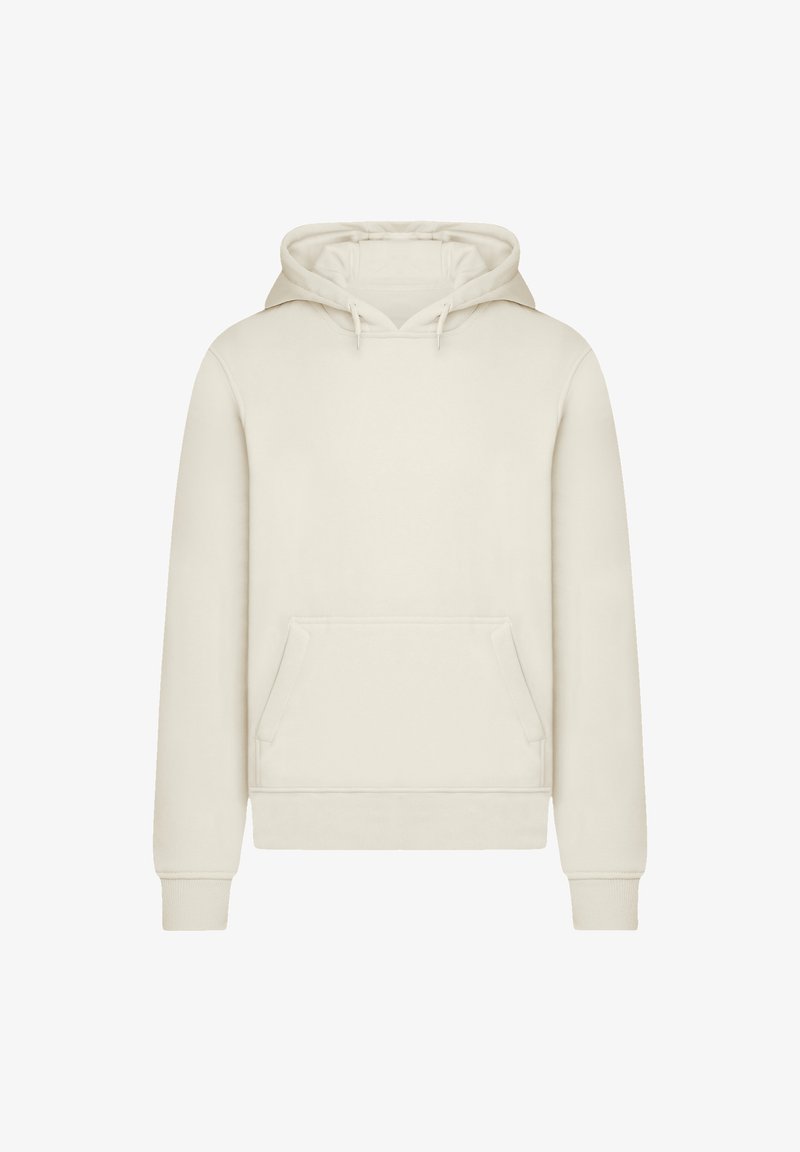 Beige pullover hoodie with front kangaroo pocket, drawstring hood, and ribbed cuffs and hem, displayed on a white background.