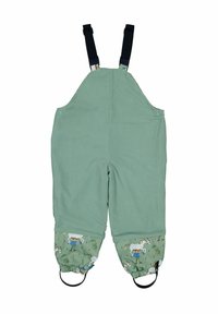 Grønne fleece-dungarees med justerbare marineblå stropper. Den nederste del har et mønstret stof med tegneseriefigurer og dyr. Elastiske manchetter inkluderet.