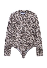 Kostium kąpielowy z długim rękawem w wzór lamparta w odcieniach beżu, czerni i brązu. Posiada wysoki dekolt oraz zapięcie na zatrzask na dole.