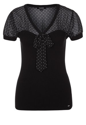 Zwart nauwsluitend topje met korte, opgepofte doorschijnende mouwen met polkadots, V-hals en bijpassend strikje met polkadots midden aan de voorkant.