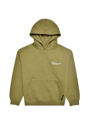 Oliwkowy hoodie wykonany z miękkiego materiału, z dużym kapturem i przednią kieszenią typu kangur. Na piersi znajduje się logo "Irasuto Studios".