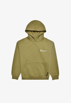 Olivenfarbene Kapuzenjacke aus weichem Stoff, mit einer großen Kapuze und einer Front-Kängurutasche. "Irasuto Studios"-Logo auf der Brust gedruckt.