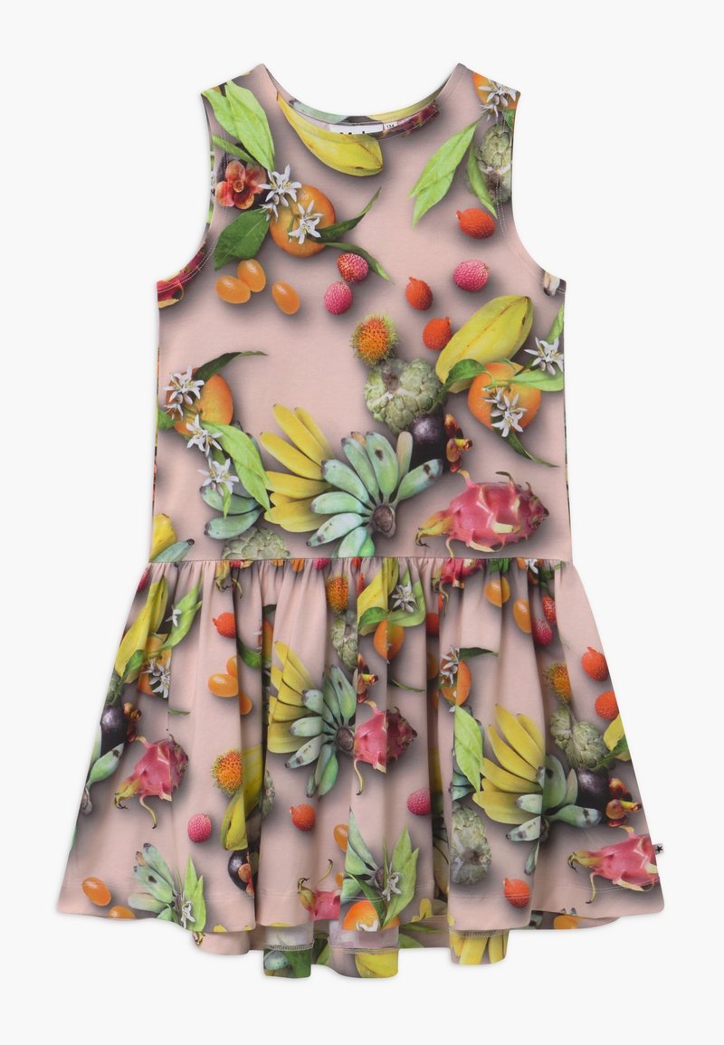 Kukkakuosiset olkaimettomat mekot, joissa on istuva vartalo ja levenevä hame. Piirteitä erivärisiä hedelmiä pehmeällä vaaleanpunaisella taustalla.