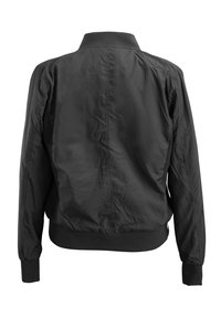 Black lightweight bomber jacket shown from the back with ribbed collar, cuffs, and waistband on a white background.