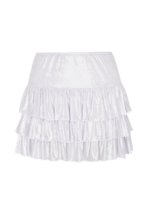 Fustă mini albă lucioasă cu trei volane suprapuse și talie fixă