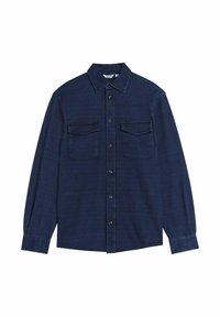 Donkerblauwe langarmshirt van denimstof met een button-down kraag, twee borstzakken en een knoopsluiting aan de voorkant.