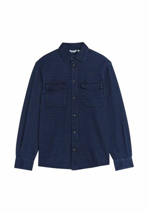 Mörkblå långärmad skjorta i denim med knapp-up krage, två bröstfickor och framknäppning.