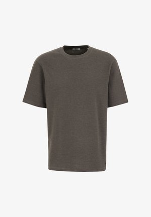 Sötétszürke, rövid ujjú póló, kerek nyakkivágással, texturált anyagból, rácsos mintával, laza szabással. Diszkrét logó a szegélyen.