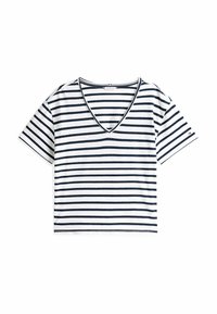 Camiseta de manga corta a rayas en blanco con rayas azul marino. Tejido suave con un corte relajado y ribete de contraste en el escote.