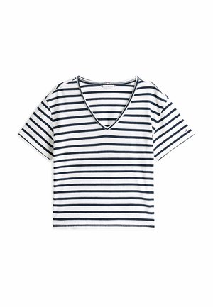 T-shirt à manches courtes à rayures, en blanc avec des rayures bleu marine. Tissu doux avec une coupe décontractée et un col contrasté.