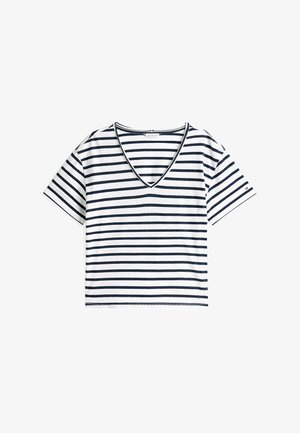 Gestreiftes Kurzarm-V-Ausschnitt-T-Shirt in Weiß mit marineblauen Streifen. Weicher Stoff mit lässiger Passform und kontrastierender Ausschnittverzierung.