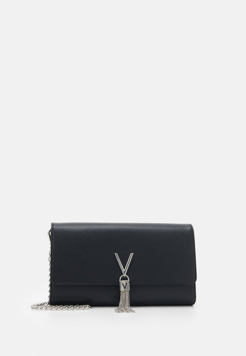 Black leather clutch bag with a structured design, featuring a silver hardware tassel and a chain strap for versatility.