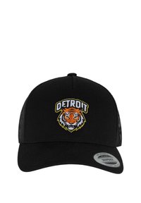 Căciulă neagră cu spate din plasă, vizieră ușor curbată și un logo brodat al echipei Detroit Tigers, reprezentând un cap de tigru în nuanțe de portocaliu, negru și alb.