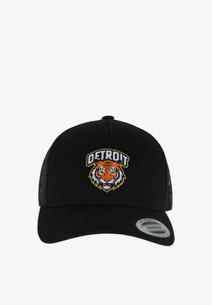 Black cap featuring a mesh back, a curved brim, and an embroidered Detroit Tigers logo with a tiger head in orange, black, and white.