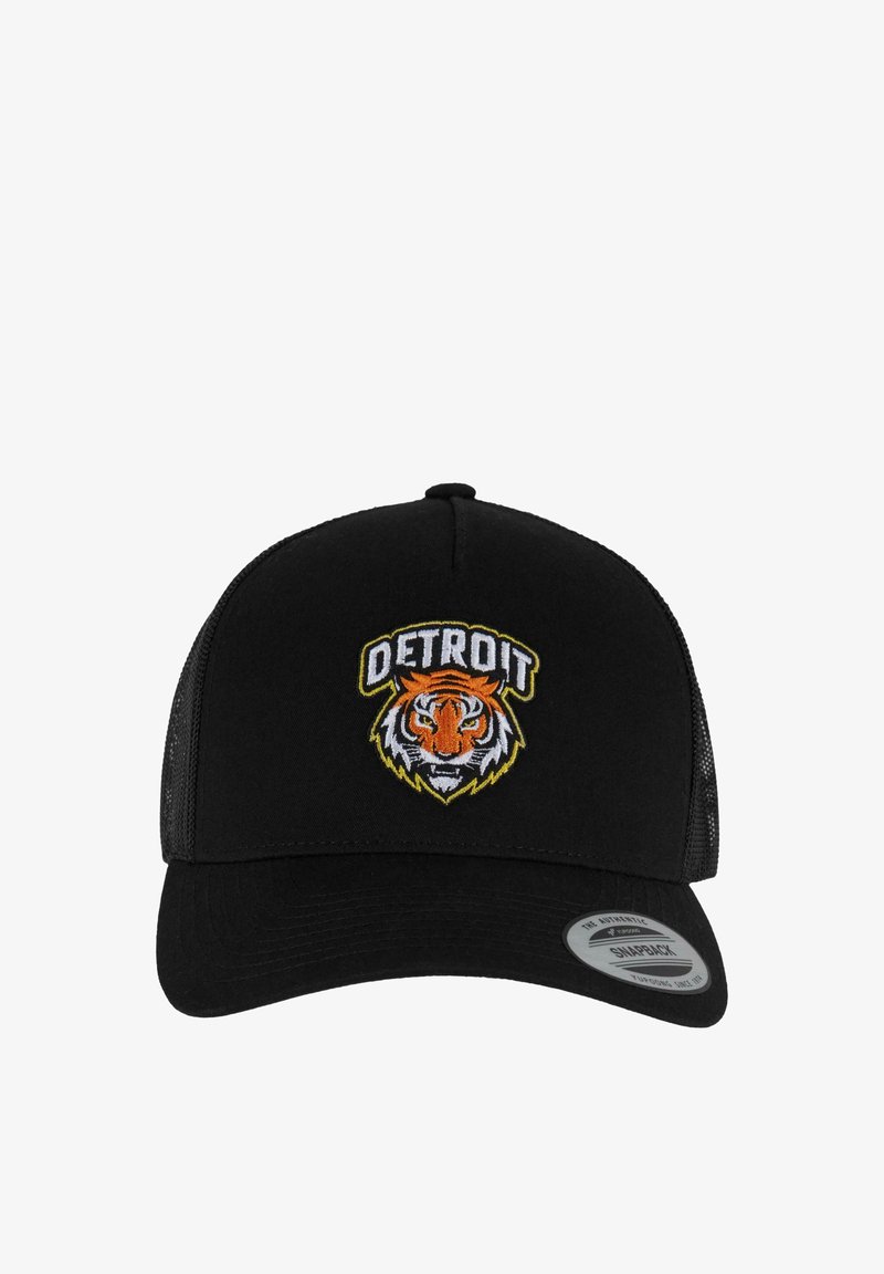 Melnā cepure ar sietu aizmugurē, izliekta mala un izšūta Detroitas Tigers logo ar tīģera galvu oranžā, melnā un baltā krāsā.