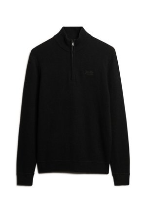 Sort zip-neck pullover trøje lavet af blødt strikket materiale. Har ribbede manchetter og kant, med et lille logo på brystet.