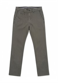 Pantalones grises con estampado y corte recto, con dos bolsillos delanteros y una textura sutil, sujetos con un botón en la cintura.